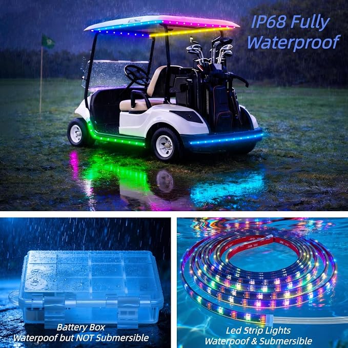 Battery Powered RGB+IC Dream Color Chasing Golf Cart Canopy Roof Lights with Remote, 2 Pack 6.56FT IP68 Waterproof Addressable Golf Cart Underglow Light Strip for EZGO Yamaha Club, Boat, Easy Install