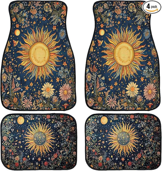 Abstract Car Floor Mats Set of 4 Vintage Sun Moon Star Floral Vibrant Color Carpet Front Rear Carpets Mat Non-Slip Auto Car Accessories Universal Fit for Car SUV Truck Van