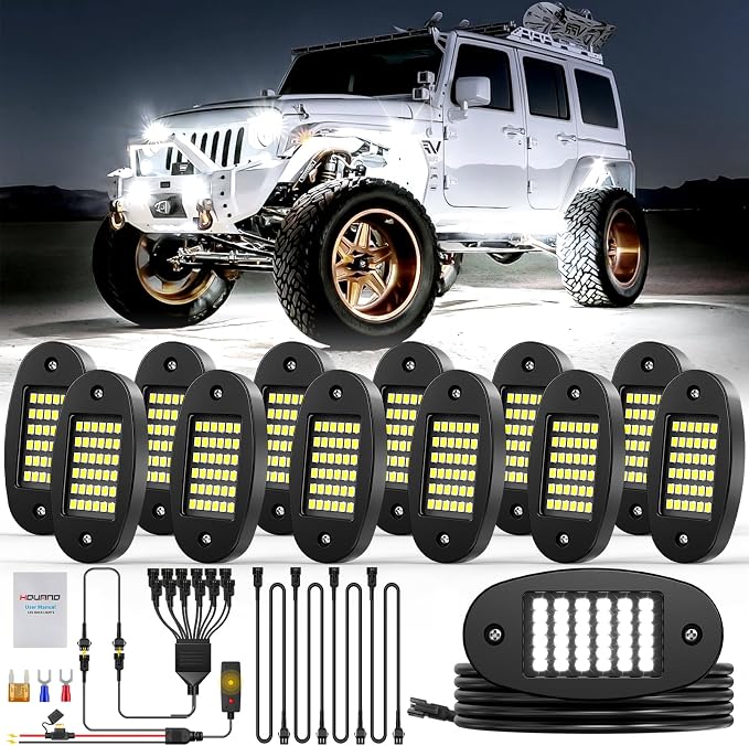 Hovano 12 Pods White Rock Light Kit with Wired Switch - 6500K Pure White LED Underglow, IP68 Waterproof, Super Bright 36 LEDs for Trailer Off Road SUV UTV ATV RZR Car