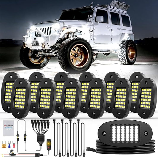 Hovano 12 Pods White Rock Light Kit with Wired Switch - 6500K Pure White LED Underglow, IP68 Waterproof, Super Bright 36 LEDs for Trailer Off Road SUV UTV ATV RZR Car