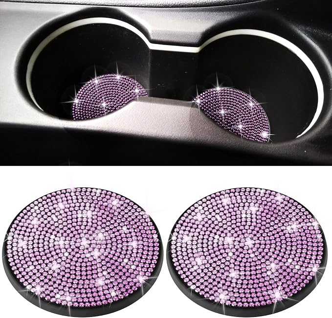 BFXM 2 PCS Bling Cup Holder Coaster, Car Accessories for Women 2.75 inch Diamond Universal Non-Slip Silicone Cup Holder Coasters, Sparkly Bling (Purple)