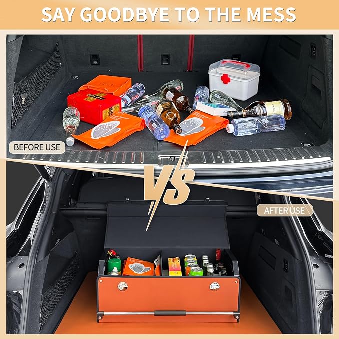 XCF Car Trunk Organizer for SUV, Collapsible Leather Car Storage Trunk Organizer with Lid and Sturdy Handle Car Trunk Leather Storage Box (Orange, 27.1 x 11.4 x 12.2in)