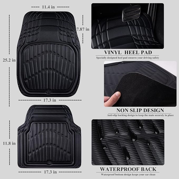 CAR PASS Carbon Fiber Leather Car Floor Mats -3D Waterproof All Weather, Universal Trim to Fit & Anti-Slip Burr Bottom Safety & Light Easy Clean Install for SUV Truck Auto Sedan Van(Black)