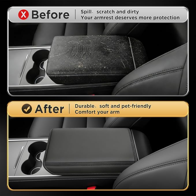 for Tesla Model Y (2020-2024) & Model 3(2021-2023) Leather Center Console Cover [Soft Touch & Match Seat Color] Armrest Cover for Tesla Model 3 & Model Y Accessories Black