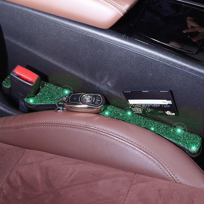 Briwill Green Car Seat Gap Filler, Set of 2 Handmade Crystal Rhinestone Diamond Car Gap Filler Green Bling Car Accessories for Women(Dark Green)