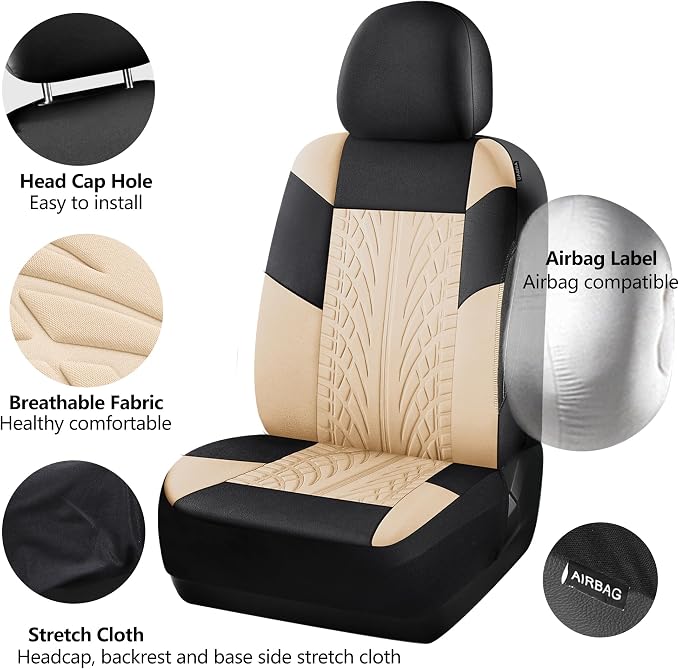 HChengkikz Front Car Seat Cover, Cloth and Washable (Black + Beige) | Breathable, Airbag compatible, Easy to Install, Universal Fit for Most Cars, Sedans, Truck, SUVs