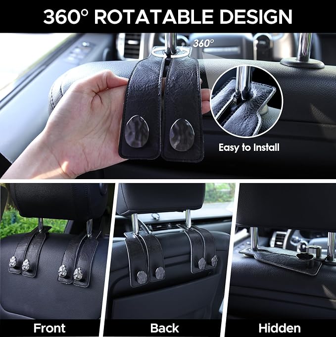 Leather Car Purse Hook for Headrest, 4 Pack (Black-Black) | Twin Hooks Headrest Hangers, 2/4 Pack, No-Slip, Scratch-Proof, Holds Purses, Backpacks, Grocery Bags, Car Organizer Gift