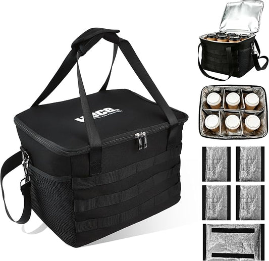 Tactical Reusable 6 Cups Drink Carrier,Insulated Caddy Foldable Cup Holder | MOLLE System,Clear order window. 6 adjustable dividers.Tip-Resistant No-Spill,For Car, Camping, Travel,Delivery
