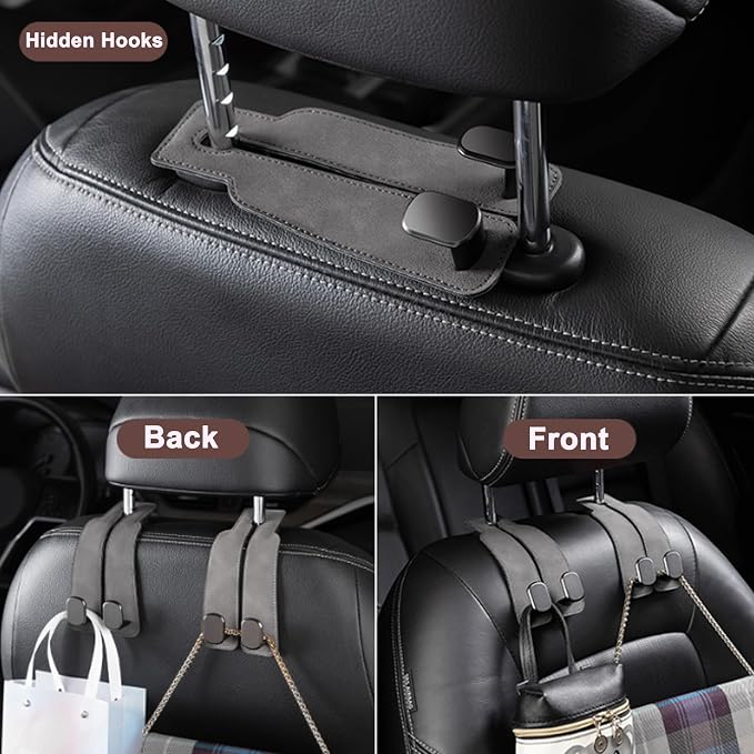 Amelity Car Headrest Hooks, Purse Hook for Car 2 Pack Gray | Universal Car Interior Accessories for Women, Available in 2/4 Pack, Storage Hanger Holds Purses, Backpacks, Grocery Bags