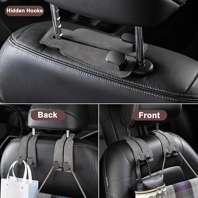 Amelity Car Headrest Hooks, Purse Hook for Car 2 Pack Brown | Universal Car Interior Accessories for Women, Available in 2/4 Pack, Storage Hanger Holds Purses, Backpacks, Grocery Bags