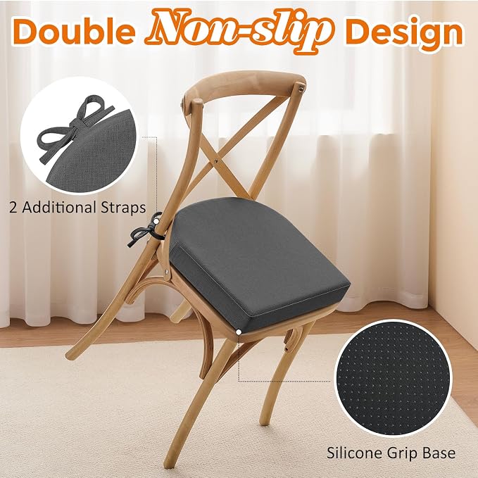 downluxe Chair Cushions for Dining Chairs, Memory Foam Linen Kitchen Chair Pads with Ties, Waterproof, Stain-Resistant and Washable Cover, 17" x 16" x 2.5", Dark Grey, 6 Pack