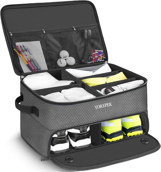 YOREPEK Golf Gifts for Men, 2 Layer Golf Trunk Organizer for 2 Pair Shoes | Waterproof Car Trunk Locker with Separate Ventilated Compartment for Balls, Tees, Clothes, Gloves, Birthday Gifts for Golfers