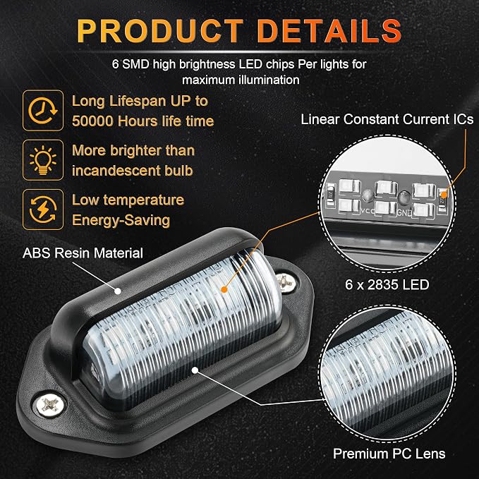 LivTee License Plate LED Light 2PCS, Universal 12V Waterproof Tag Lamp for Car Truck SUV RV Trailer Boat Van, Amber