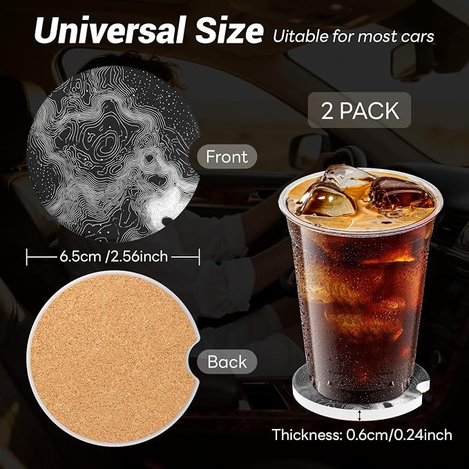 2 Pack Ceramic Car Coasters for Cup Holder, 2.56 in Anti Slip Absorbent Coaster with Cork Base and Finger Notch, Funny Cute Car Accessories for Women, Topographic Map