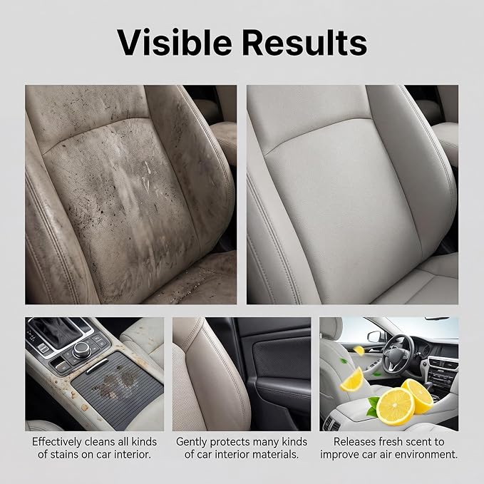 Car Interior Cleaner Foam with Sponge & Microfiber Towel, Deep Cleaning Auto Detailing Spray for Dashboard, Leather, Vinyl, Plastic, Carpet & Upholstery, Fast Stain Removal, Quick Drying, Lemon Scent