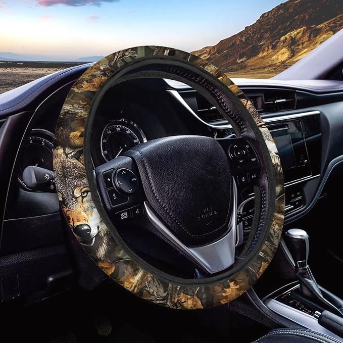 Wanyint Wolf Camo Hunting Forest Car Steering Wheel Cover 15 Inch, Soft Stretch Anti-Slip Washable Car Accessory Decor Universal Fit for Sedan SUV Truck