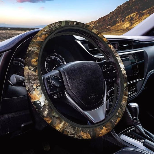 Wanyint Wolf Camo Hunting Forest Car Steering Wheel Cover 15 Inch, Soft Stretch Anti-Slip Washable Car Accessory Decor Universal Fit for Sedan SUV Truck