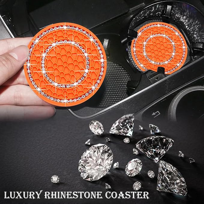 4PCS Bling Crystal Rhinestone Cup Holder Coaster, 2.75 inch Soft Silicone Anti-Slip Shockproof, Car Cup Holder Insert Coasters, Universal Car Interior Accessories for Women (Orange & White)