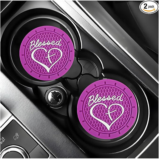 KVAEY 2 PCS Car Cup Holder Coasters, 2.76 Inch Anti Slip Vehicle Drink Mats with Cute Blessed Cross and Heart, Shockproof, Universal Car Accessories (Dark Purple, 2 PCS)
