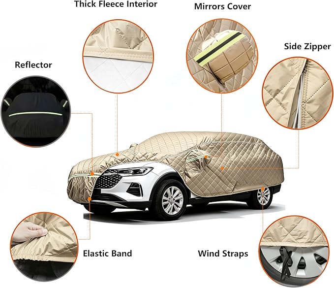 7 Layers Waterproof Cover, Heavy Duty Car Covers with Zipper Door, All-Weather Car Cover – Protects Against UV Rays, Hail, Water, Dust & Snow, Universal Fit SUV 201" to 206"(Khaki)