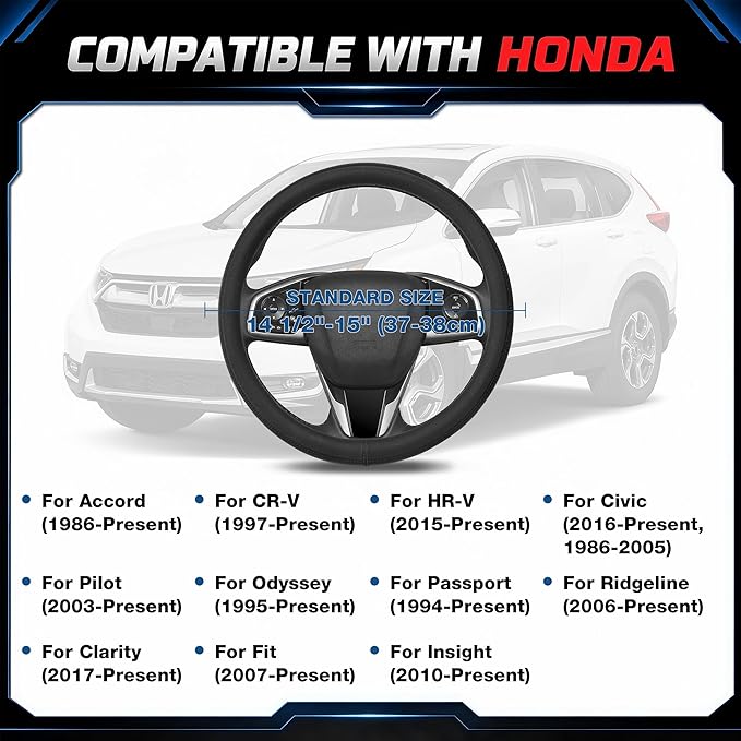 Steering Wheel Cover for Honda CRV Accord Civic HRV Pilot Odyssey Passport, Standard Size 14.5-15", Carbon Fiber Black