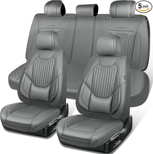 CAR PASS Luxury Nappa Leather Car Seat Covers Full Set, Lumbar Support Seat Covers for Car 5 Seats, Waterproof Car Seat Protector, Automotive Seat Covers Universal Fit for Most Sedans SUV Trucks Gray