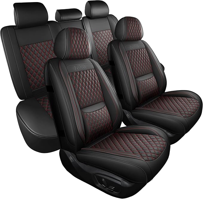 Black and Red Nappa Leather Contoured Automotive Car Seat Covers Full Set | Univerasal Precision Fit,Lumbar Support,3D Contoured,Semi Coverage,Waterproof,ThickTexture,for most Suvs Trucks Sedans