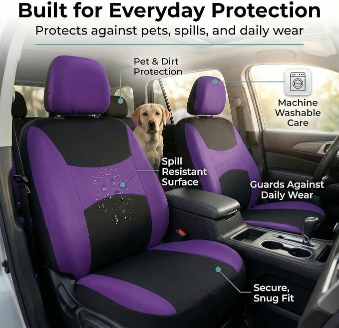 FH Group Automotive Seat Covers Light & Breezy Flat Cloth Seat Cover Three Row Set Purple, Airbag and Split Rear Car Seat Cover Universal Fit Interior Accessories Cars Trucks SUV Car Accessories