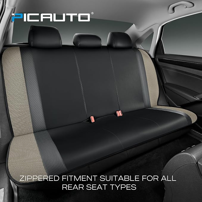 PIC AUTO Leather Car Seat Covers, Sports Carbon Fiber & Mesh Design, High-Back Full Set, Waterproof Automotive Seat Covers, Airbag Compatible, Universal Fit for Cars, SUVs, Trucks (Black & Beige)