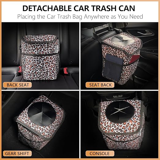 Big Ant Leopard Car Trash Can with Lid & Coasters | 2 Gallon Leak-Proof Hanging Garbage Bin for Back Seat | Waterproof Storage Organizer & Cooler Bag for Road Trips, SUVs & Family Travel