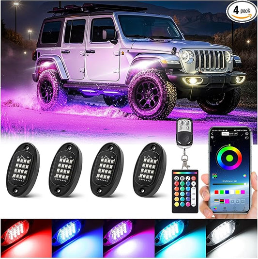 4 Pods RGB LED Rock Lights with Dual Zone Brake, Waterproof Multicolor Underglow Lights Kit for ATV UTV Golf Cart Trucks RZR SXS, Neon Underbody Light with App Remote Control Flashing Music Sync 12V