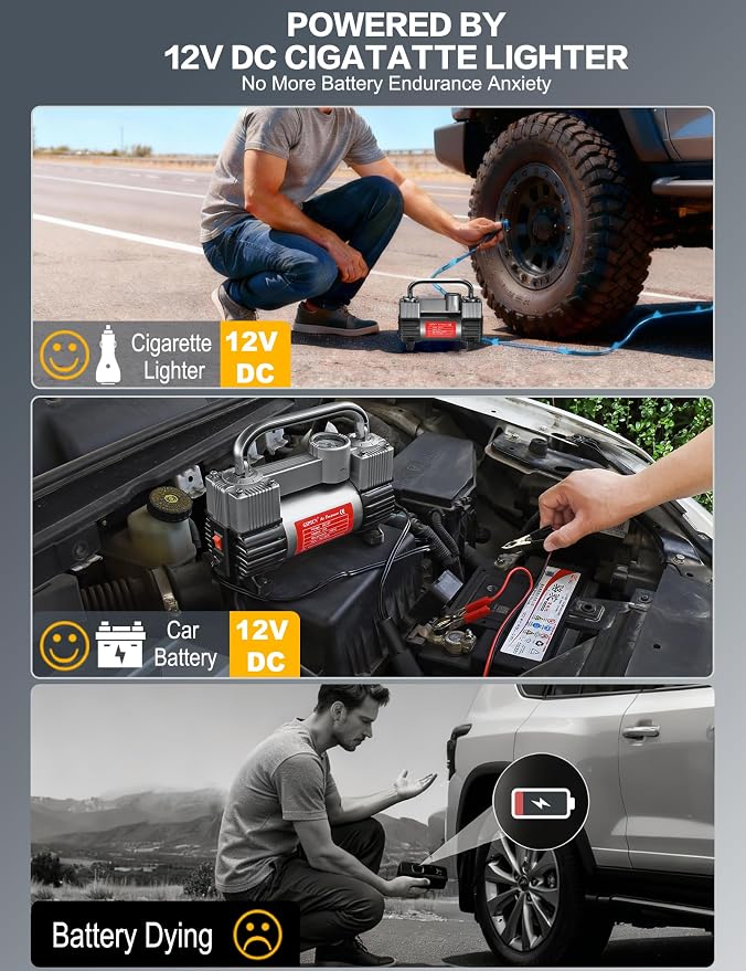 GSPSCN 12V Heavy Duty Tire Inflator Metal Portable Air Compressor Pump | 6X Faster Inflation Double Cylinders 150PSI Air Pump with Adapter for Car, RV,Pickup Truck, SUV, Van,Camper, Air Bed,Ball