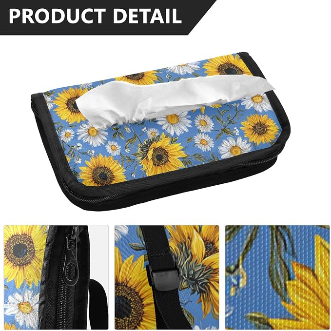Car Visor Tissue Holder Mask Holder for Car, Car Tissue Box Sun Visor Napkin Holder Car Visor Accessories Adjustable Straps Reusable Durable Easy to Install Sunflower Daisy Leaves Blue