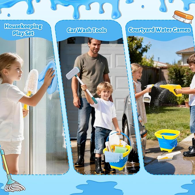 deAO Kids Car Wash Toy Cleaning Set with Brush Spray Bottle Ages 3+ | 13Pcs Cleaning Toy Set with Bucket,Caution Sign,Christmas Birthday Gift,for Girls Boys