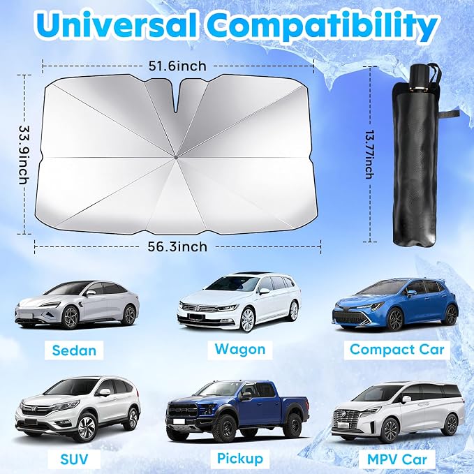 Car Windshield Sun Shade Umbrella, Foldable Windshield Sunshade Front Cover with UV Block, 360°Rotation Bendable Front Window Heat Insulation Protection for Auto Windshield Covers - 56.3"x33.9"