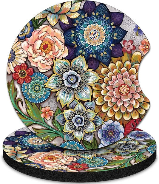 2 Pack Car Coasters，2.75-inch Neoprene Non-Slip Cup Holder Coasters for Car，Cute Car Interior Accessories for Men and Women，Mandala