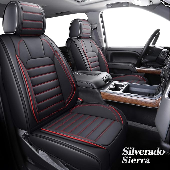 YIERTAI Chevy Silverado Seat Covers Compatible with GMC Sierra fit 2007-2025 2026 1500/2500/3500HD Trail Boss Z71 Crew Double Extended Cab LTZ LT RST Waterproof Leather(2 PCS Front only/Black-Red)