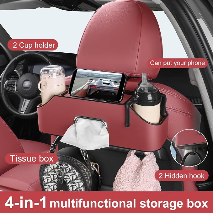 Car Rear Backseat Extra Multifunctional Drink Cup Holder Organizers with Tissue Storage Box Organizer & Hooks for Car Seat Back. Red