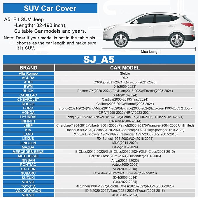 Sailnovo Heavy Duty SUV Car Cover Universal Fit 182-190" inch Waterproof All Weather Protection Zipper Access For Kia, Volkswagen Outdoor Snow Sun UV Shield