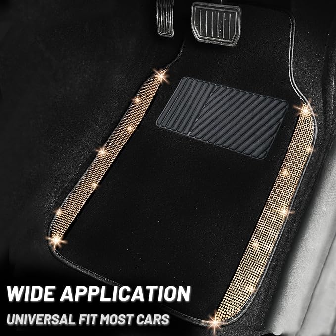 NBTEPEM Bling Car Floor Mats Full Set and Steering Wheel Cover, Universal Fit Most Cars, 4 pcs Sparkle Glitter Diamond Carpet, 5 pcs Bling Car Accessories Set for Women (Champagne Diamond)