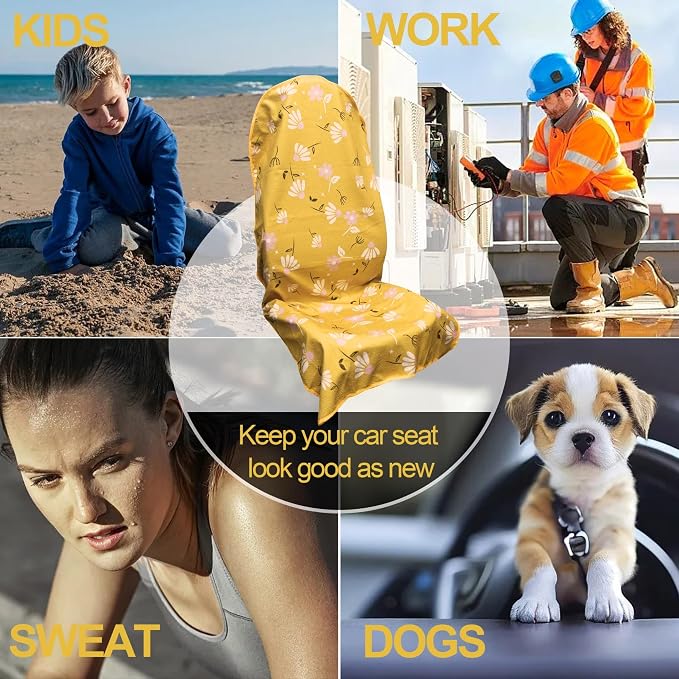 Waterproof Car Seat Cover for Front Seats, Protector for Cars SUVs Trucks, Sweat Towel Seat Covers Bucket for Gym,Workout,Beach,Hiking,Running and Swimming (Chamomile and Yellow, 1PC)