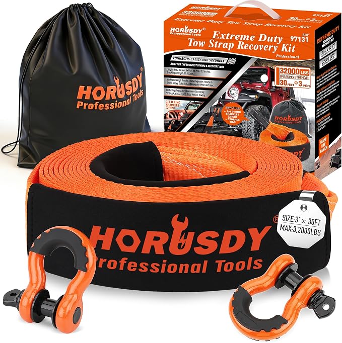 HORUSDY Nylon Heavy Duty Tow Strap Recovery Strap with Hooks 3" x 30Ft - 32,000 LBS Break Strength, 3/4 D Ring Shackles (2pcs), Recover Your Vehicle Stuck in Mud/Snow