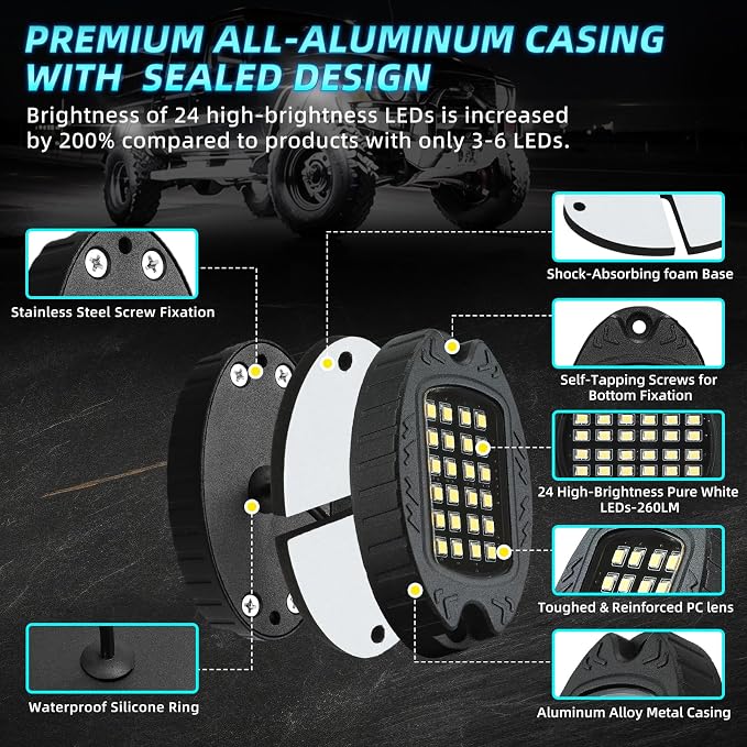 12Pods Metal Pure White LED Rock Lights Kit 6500K for Truck Pickup Offroad | Aluminum Housing, Plug-and-Play & Pre Wired, Switch Wiring Harness Extension Fuse, 288Chips Waterproof 12V, Pure Copper Wire