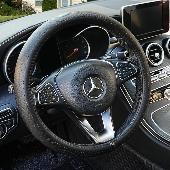 Black Genuine Leather Car Steering Wheel Cover Men Women,Cowhide Wheel Cover,Soft,Breathable,Anti-Slip,Luxury Steering Wheel Cover,Universal Standard Size 14.5-15 inch(M)