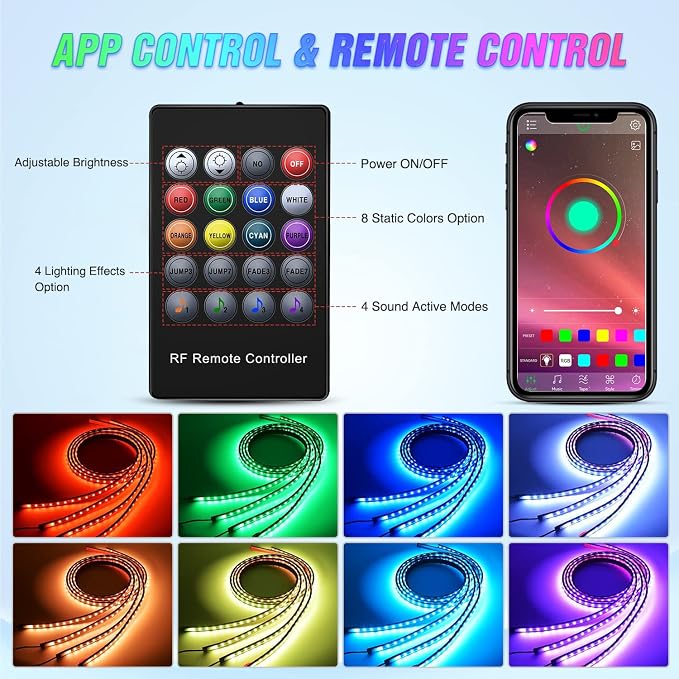 Nilight 4Pcs Car Underglow Neon Accent Strip Lights 256 LEDs RGB Multi Color DIY Sound Active Function Music Mode with APP Control and Remote Underbody Light Strips