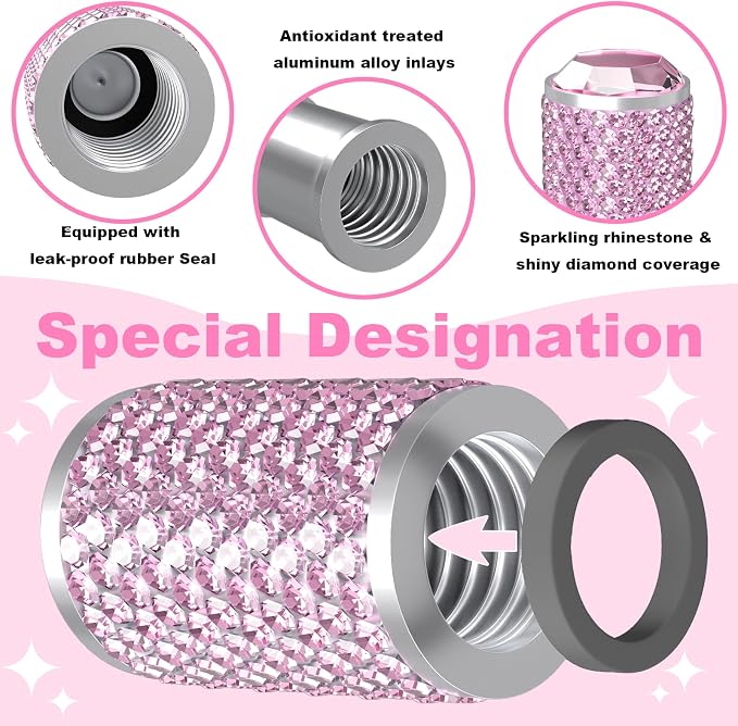 BFXM 4Pcs Car Tire Valve Stem Caps, Bling Tire Air Cap for Car, Car Accessories for Women Universal Stem Covers, Anodized Aluminum Tires Valve Cap with O Rubber Ring, Crystal Diamond