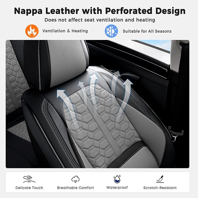 Huidasource Car Seat Covers Front Seat Universal Fit for Most Cars SUV Trucks, 360° Full Wrap Waterproof Leather Seat Cover with Lumbar Support, Cooling＆Heating, Black & Gray