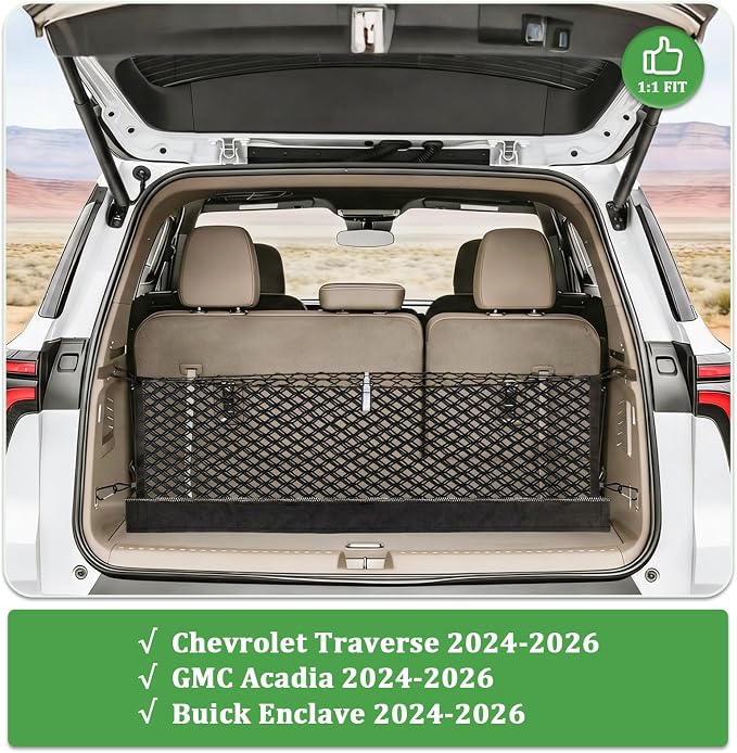 3-Layer Cargo Net for GMC Acadia, Buick Enclave,Chevrolet Traverse | 2024-2026,Zipper Bag Trunk Net for SUV, Heavy Duty Oxford Storage Net for Groceries with Reinforced Carabiners