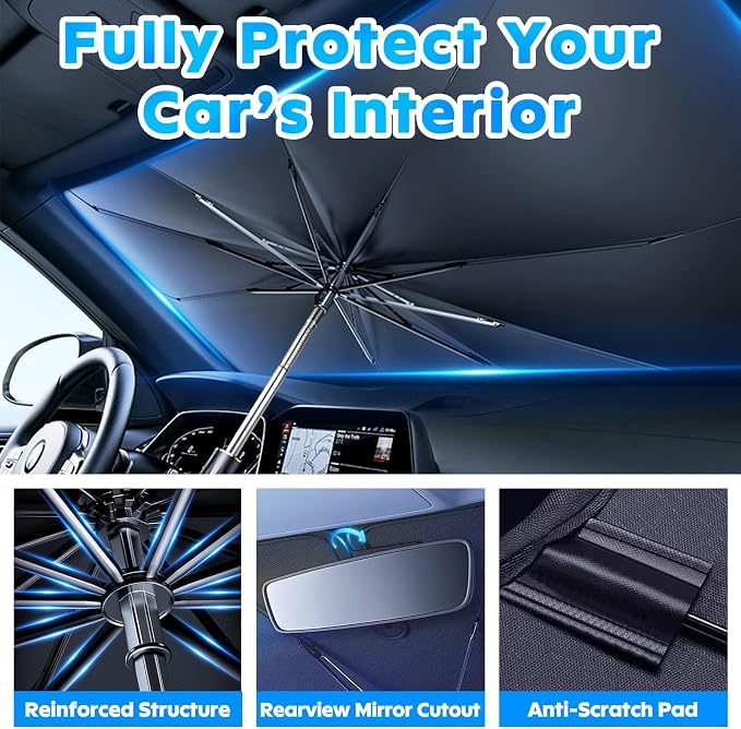 Car Windshield Sun Shade Umbrella, Foldable Windshield Sunshade Front Cover with UV Block, 360°Rotation Bendable Front Window Heat Insulation Protection for Auto Windshield Covers - 56.3"x33.9"