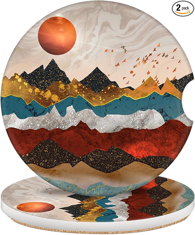 2 Pack Car Coasters for Cup Holders, 2.56" Universal Absorbent Ceramic Stone Car Cup Holder Coasters with Non-Slip Cork Base, Car Interior Accessories for Women Men(Mountains Nature Scenery)